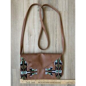 Southwest Designs Leather Bag Crossbody Woven Wool Accent Aztec Geometric EUC